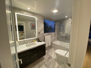 Combined shower/bathtub, hair dryer, towels, soap