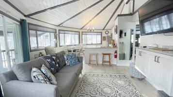 Smart TV, fireplace, DVD player, books