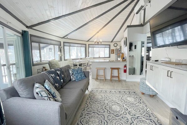 Älytelevisio, takka, DVD-soitin, kirjoja