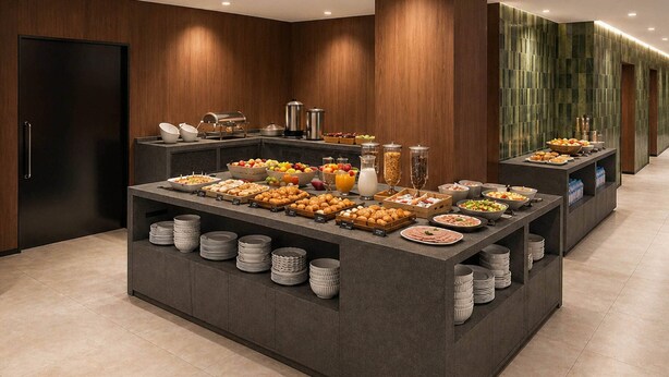 A buffet setup with various food items and utensils, a coffee station, and a refrigerator. - Comfort Hotel ERA Kyoto Horikawagojo (Kyoto)