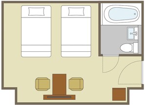 A hotel room layout with two beds, a sitting area with a table and chairs, a bathroom, and a bathtub. - Comfort Hotel ERA Kyoto Horikawagojo (Kyoto)