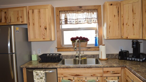 A kitchen with wooden cabinets, a stainless steel refrigerator, a sink with a faucet, and a window with a curtain. - 30 miles from Breck!! Avoid I70 traffic. (Fairplay)