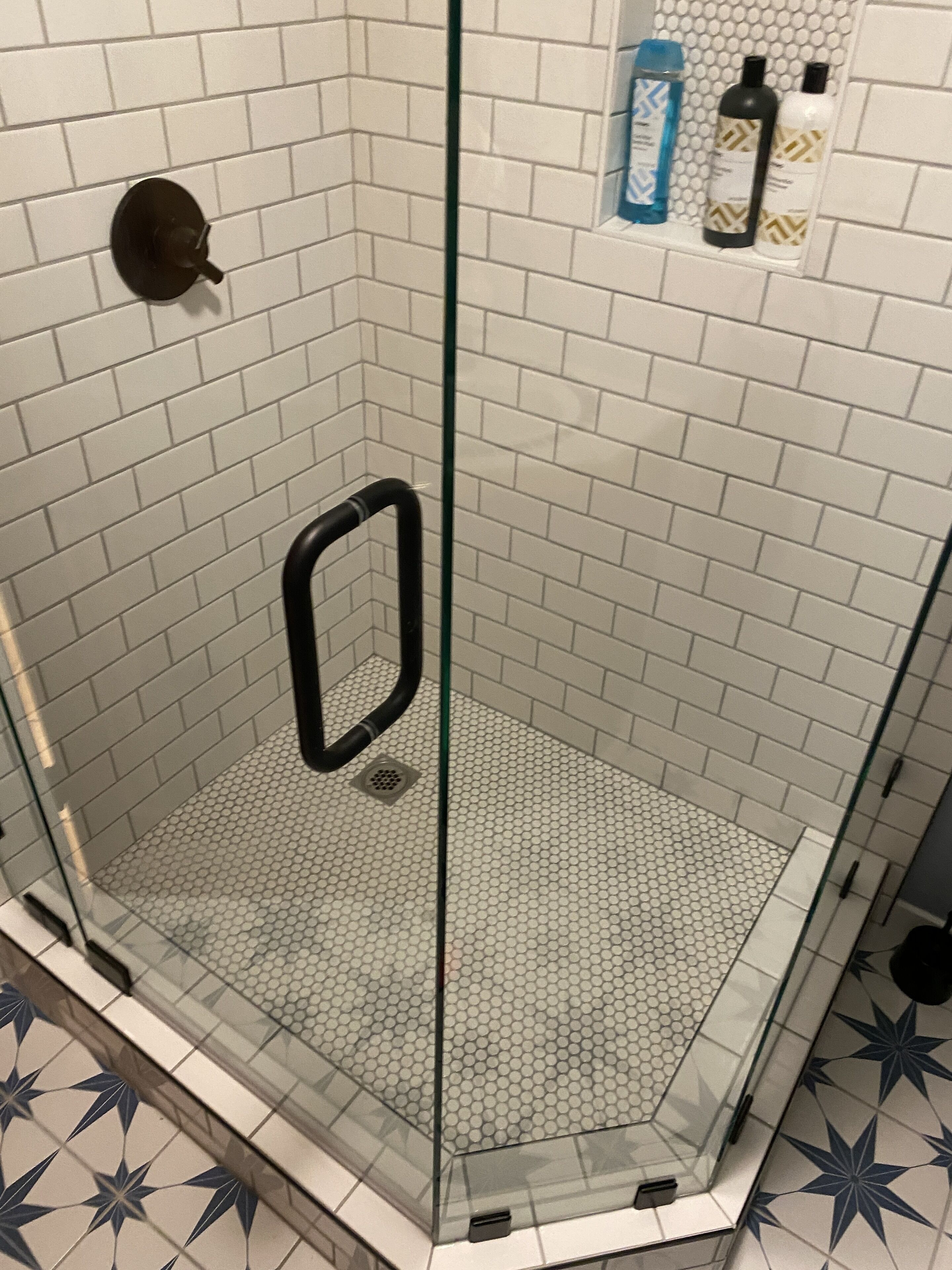 Une douche fermée par des parois de verre, avec des carreaux de céramique blancs rectangulaires et un sol à motifs hexagonaux.