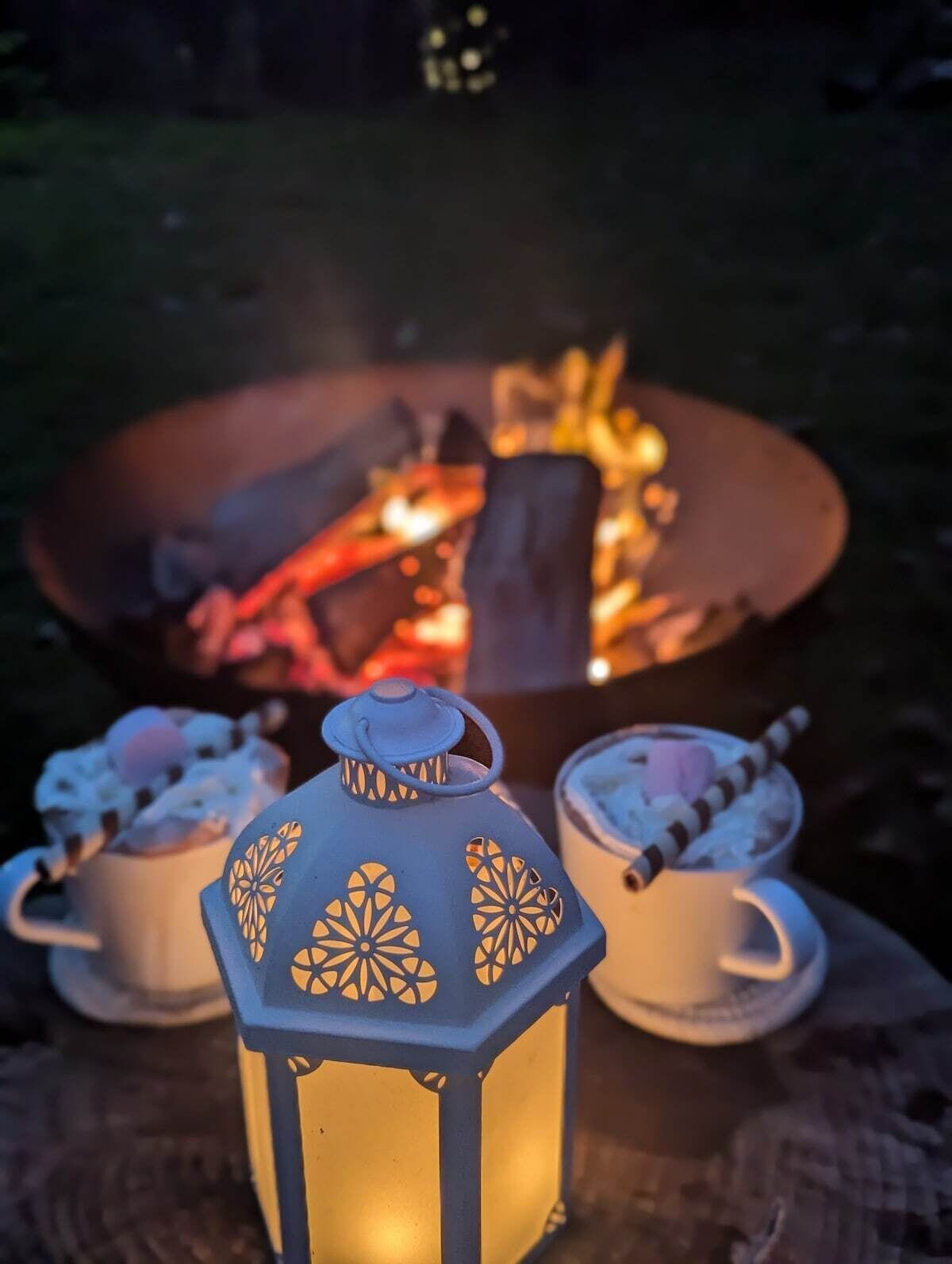 A campfire with a lantern and two mugs on a table.