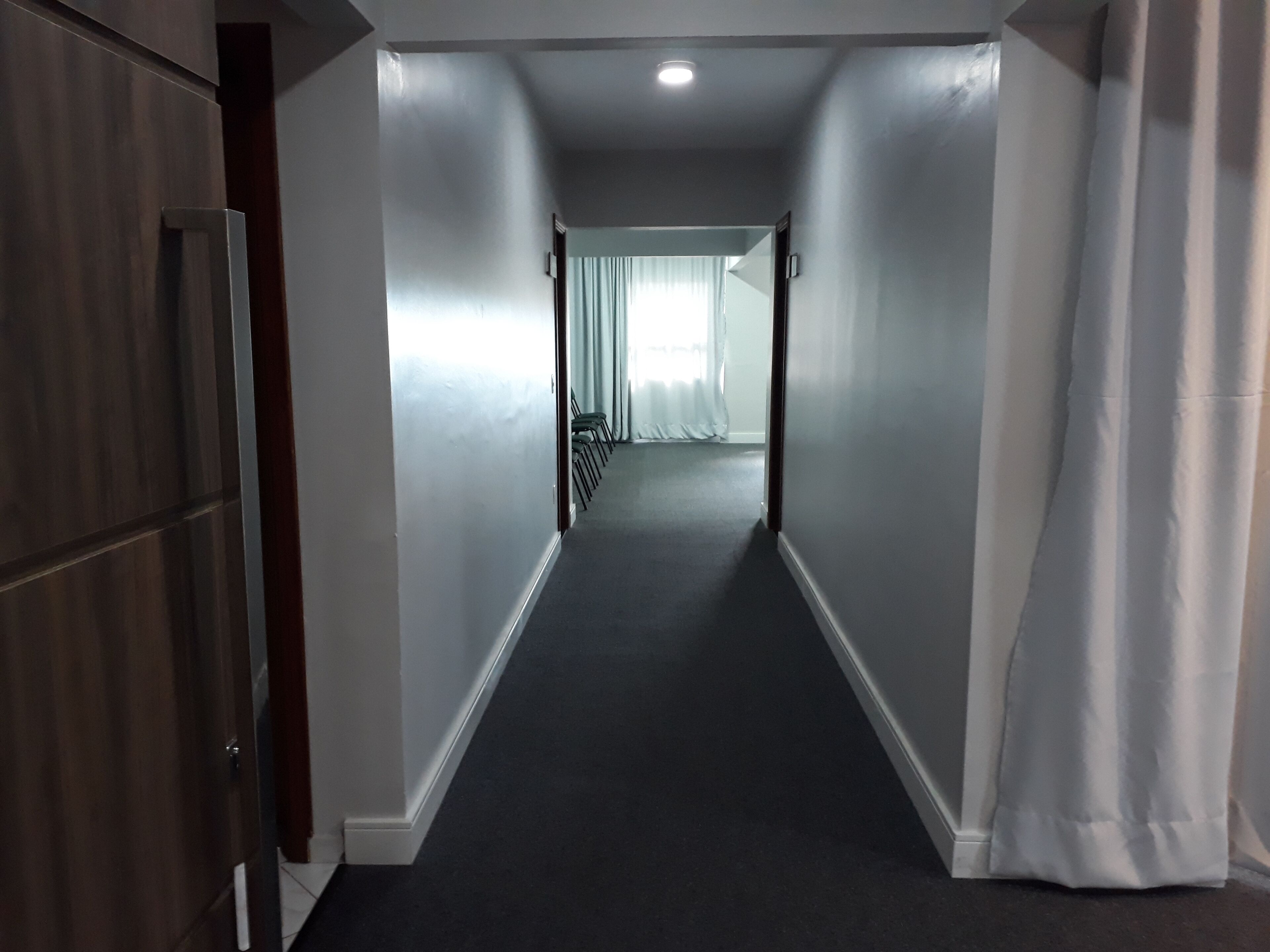 A narrow hallway with a dark carpet, white walls, and a wooden door on the left.