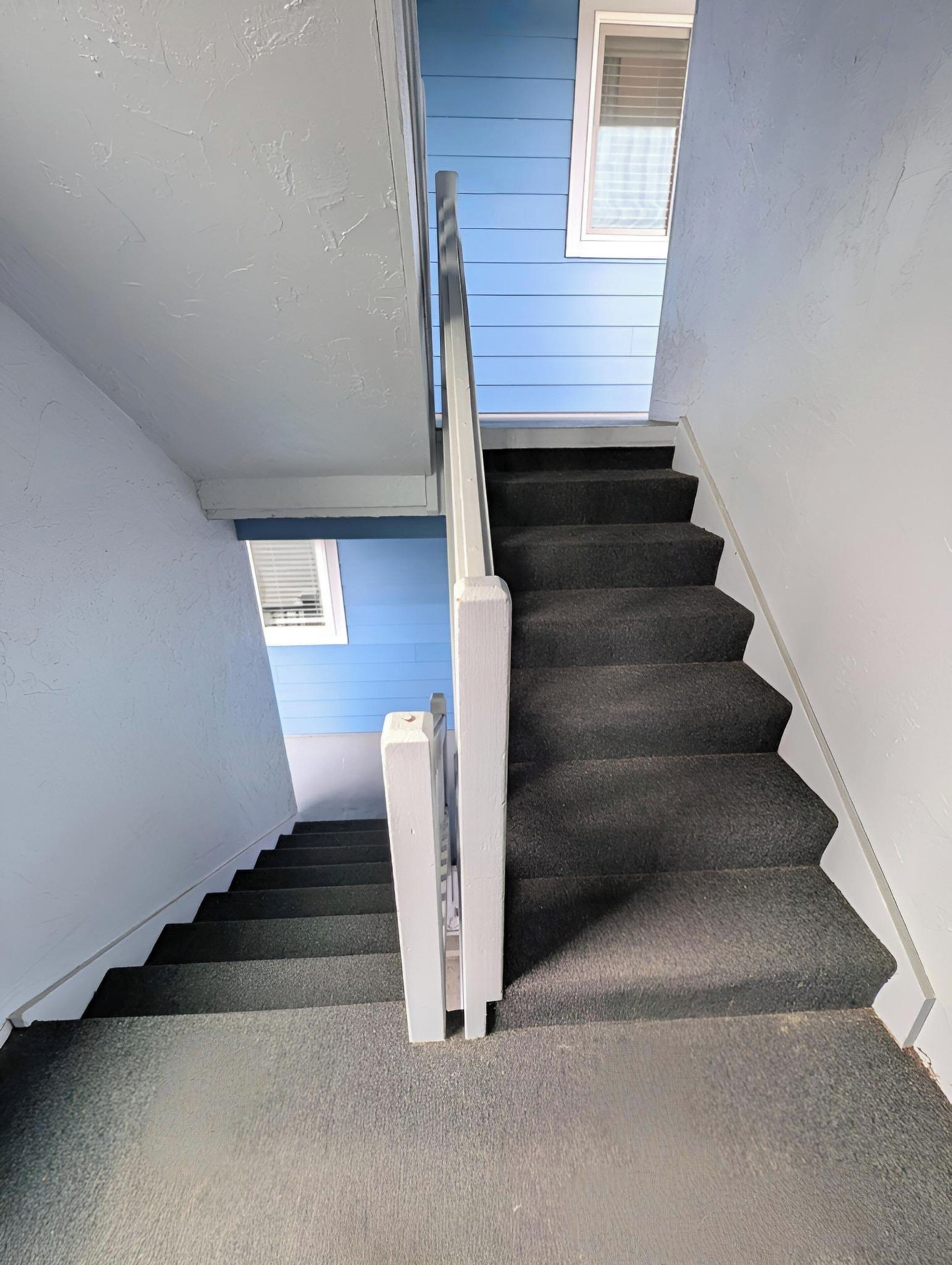 A staircase with dark carpeted steps and white handrails, leading to a room with blue walls and a window with blinds.
