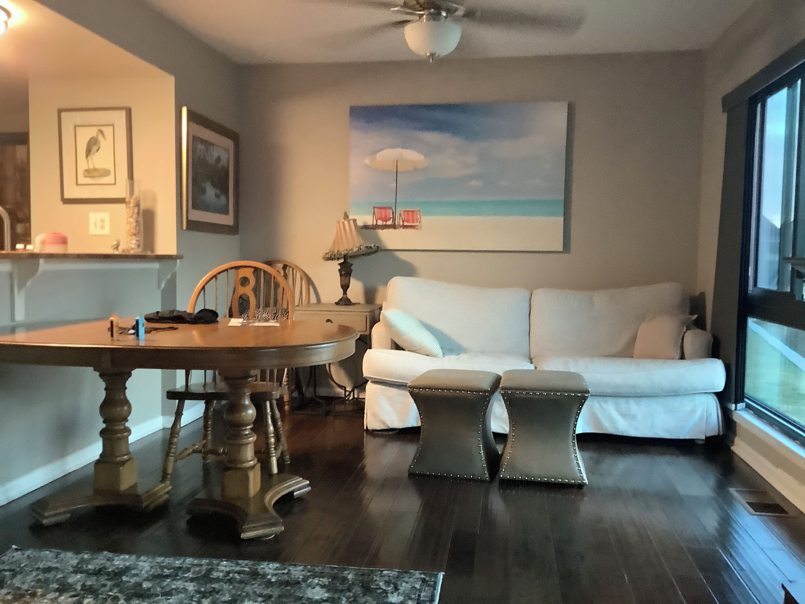 Smart TV, fireplace, books, music library