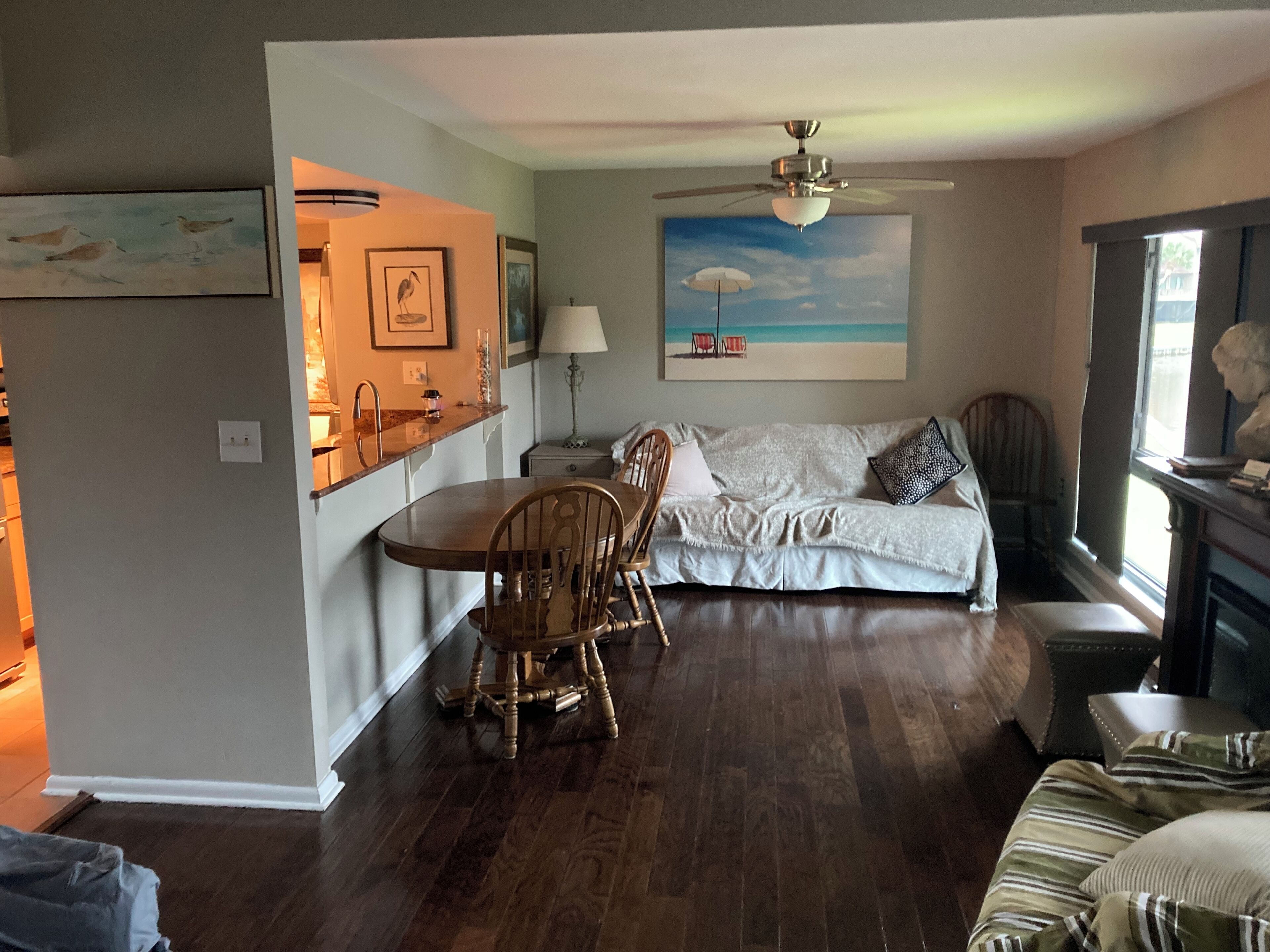 Smart TV, fireplace, books, music library