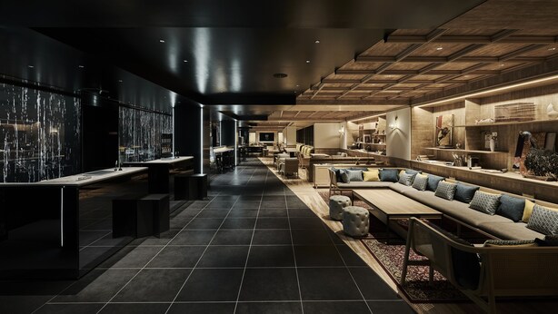 A modern lounge area with a long bench, seating area, and a bar counter. - The Royal Park Canvas Kyoto Nijo (Kyoto)