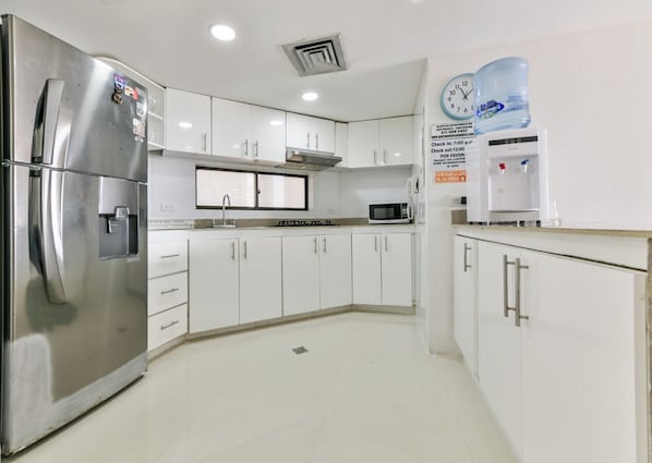Fridge, microwave, coffee/tea maker, toaster
