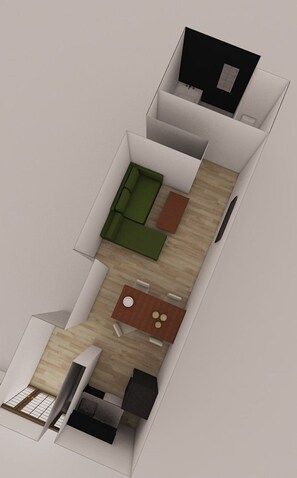 A 3D floor plan of a hotel room with a kitchenette, a seating area with a sofa and a coffee table, and a small window. - Miyako Yado Matsu (Osaka)