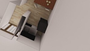 A 3D floor plan of a modern apartment with a living area, kitchen, and a small balcony.
