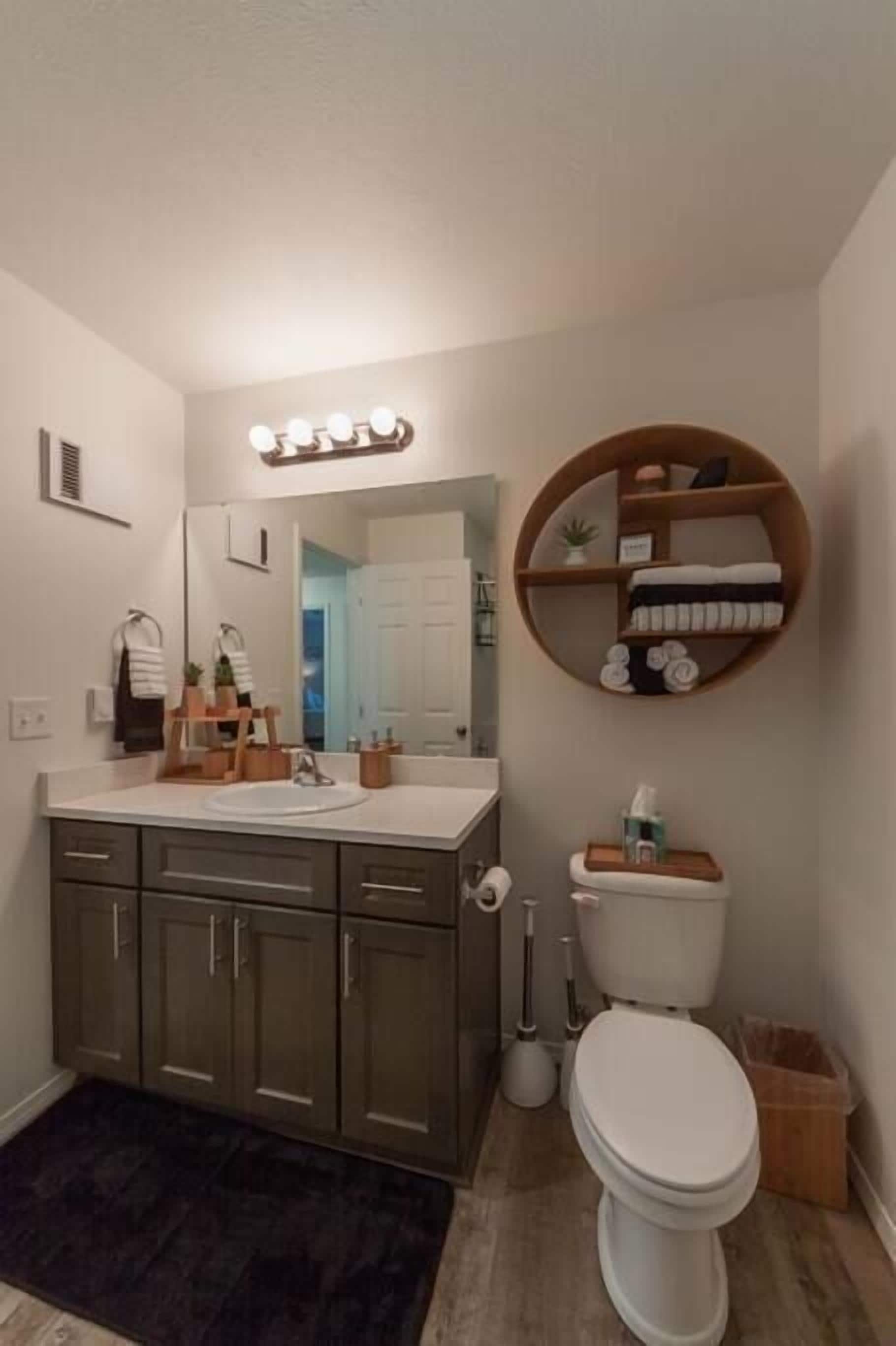 A bathroom with a vanity, a toilet, a mirror, and a shelf with toiletries.