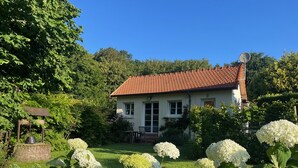 Uma casa com telhado vermelho, rodeada por vegetação exuberante e flores de hortênsia brancas.