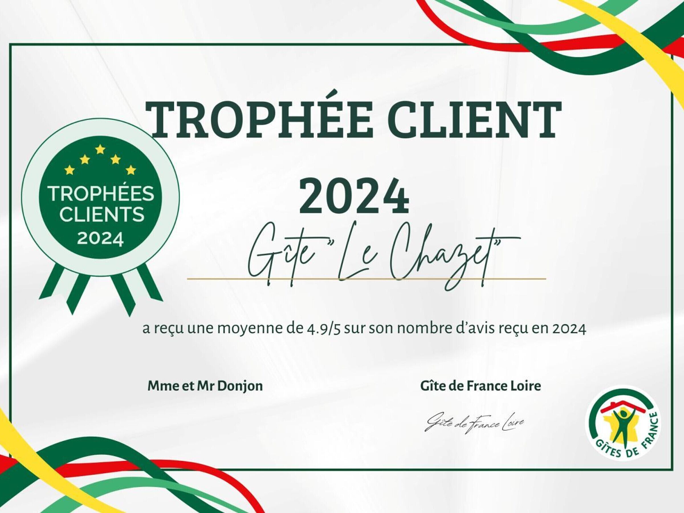 A certificate titled "TROPHÉE CLIENT 2024" for "Gîte Le Chazet". It mentions a required average rating of 4.9/5 on reviews in 2024.