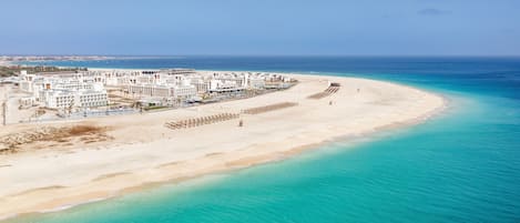 On the beach, sun loungers, beach umbrellas, windsurfing