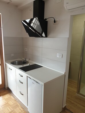 Fridge, stovetop, cookware/dishes/utensils