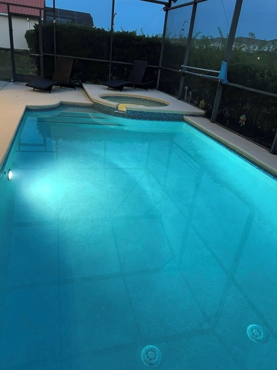 Una piscina amb aigua cristal·lina, envoltada per un tanc de vidre, i equipada amb gandules.