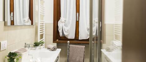 Shower, hair dryer, bidet, towels
