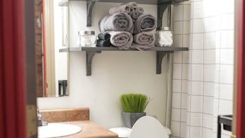 Combined shower/tub, hair dryer, towels, soap