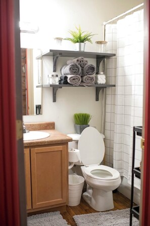 Combined shower/bathtub, hair dryer, towels, soap