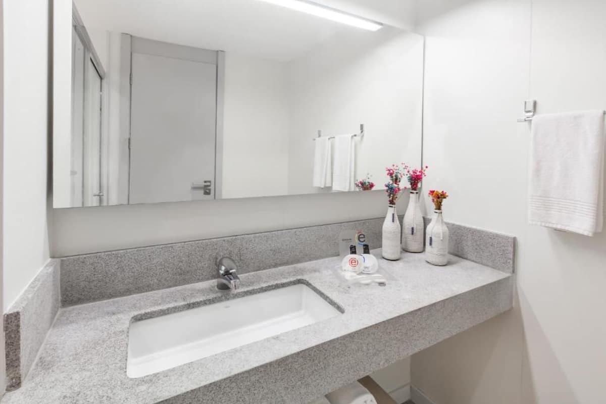 A modern bathroom with a large sink, mirror, and towel rack.