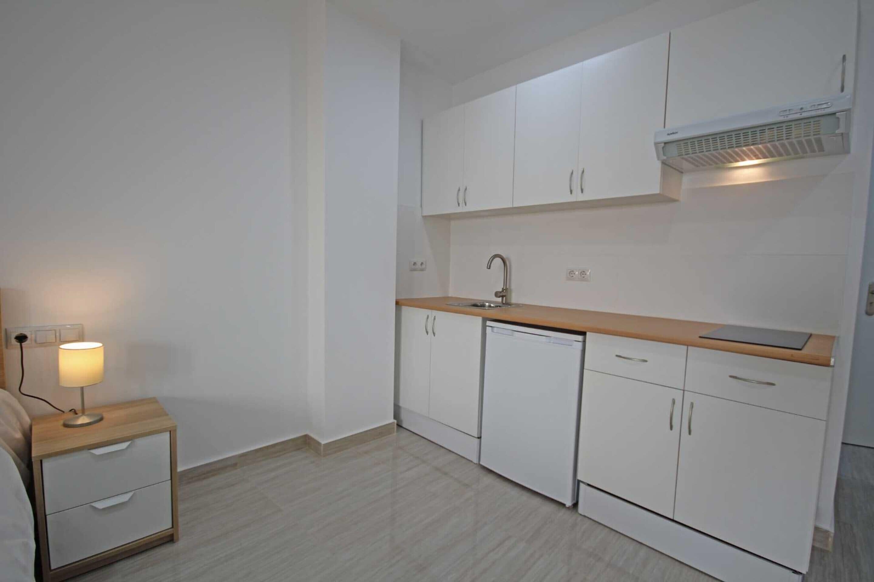 Frigobar, placa de cocina, utensilios de cocina