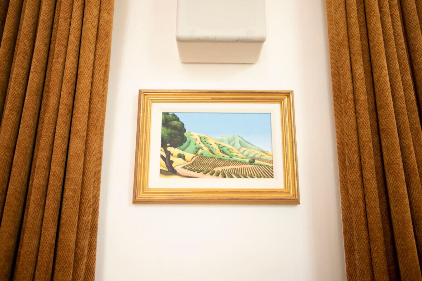 Un tableau représentant un paysage, encadré et accroché à un mur blanc, avec des rideaux bruns de chaque côté.