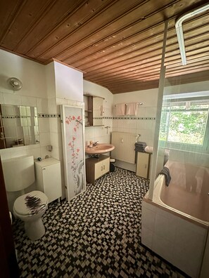 Combined shower/bathtub, towels, soap, toilet paper