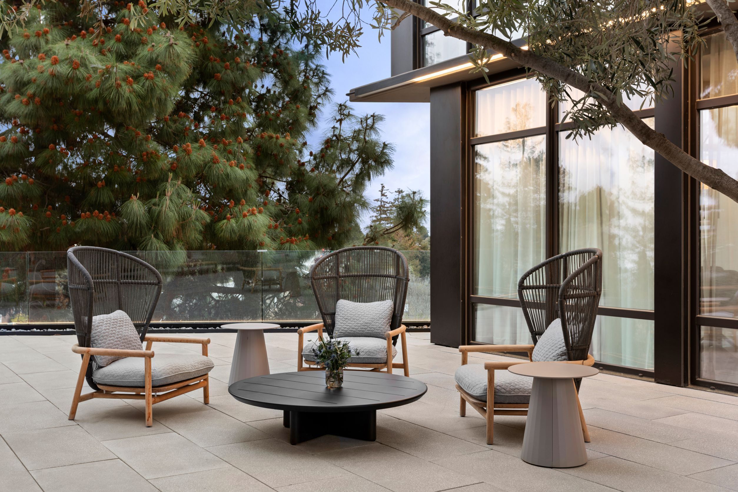 An outdoor seating area with wicker chairs and a round table, surrounded by large windows and a tree with pine cones.