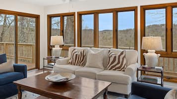 Smart TV, lareira, livros