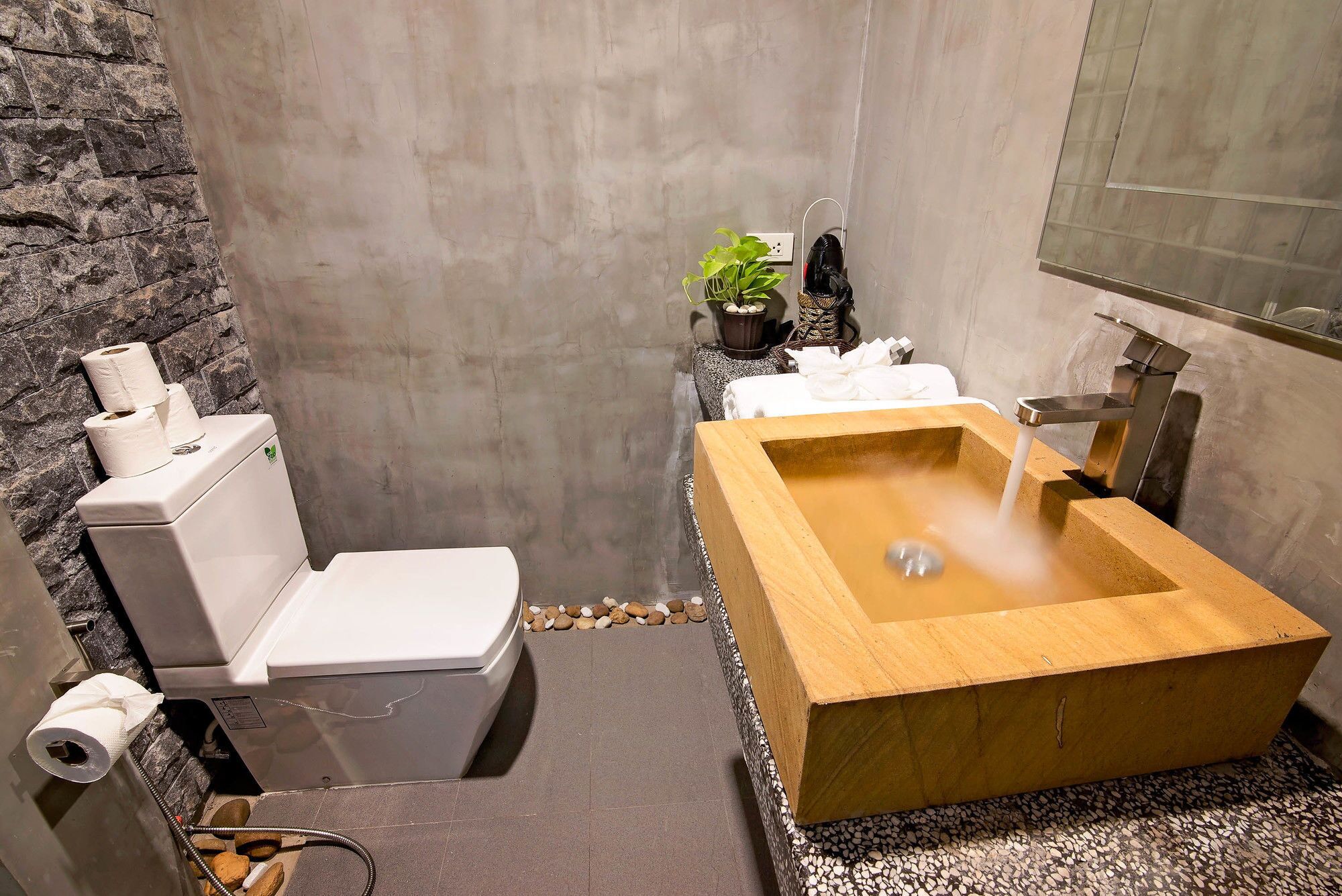 A compact bathroom with a stone wall, a toilet, a sink with a wooden basin, and a small potted plant.