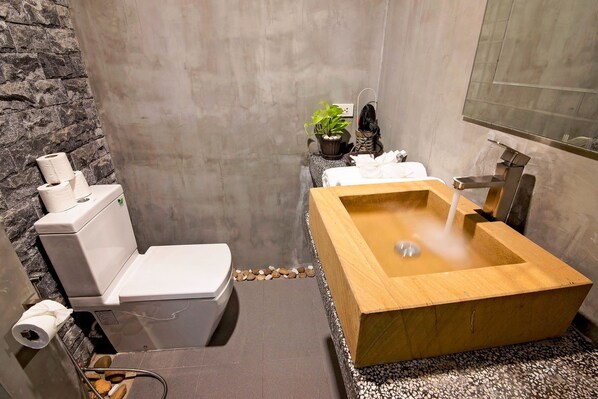 Une petite salle de bain avec un mur en pierre, des toilettes, un lavabo avec un récipient en bois et une petite plante en pot.