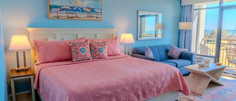 1 bedroom, desk, blackout drapes, iron/ironing board