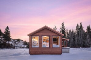 Una cabaña de madera con ventanas amplias, rodeada de nieve y árboles.