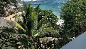 A coastal view with rocky cliffs, palm trees, and a beach. - Casa El Delfin, 1st Floor - Main Level- Estacahuite (Estacahuite)