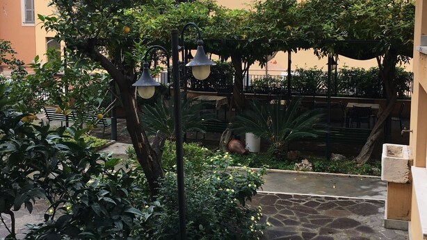 A courtyard with a stone pathway, a pergola with hanging lamps, and a building with arched windows. - Basilica Hotel (Rome)