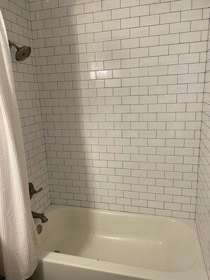 Combined shower/tub, hair dryer, towels, soap