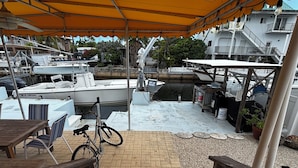 A patio area with a bicycle, tables, and chairs under an umbrella.