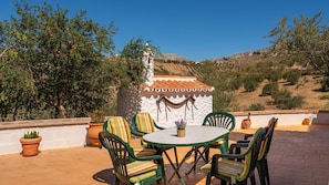 Relax on the patio with a round table and six comfortable chairs, surrounded by lush greenery and a stunning mountain view.