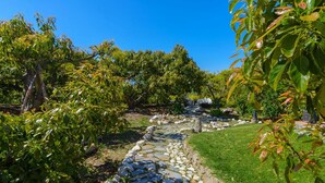 A garden pathway with stone paving, surrounded by lush greenery and trees. - Villa Javier de Frigiliana by Ruralidays (Málaga)