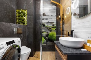 Dusche, Haartrockner, Handtücher, Shampoo