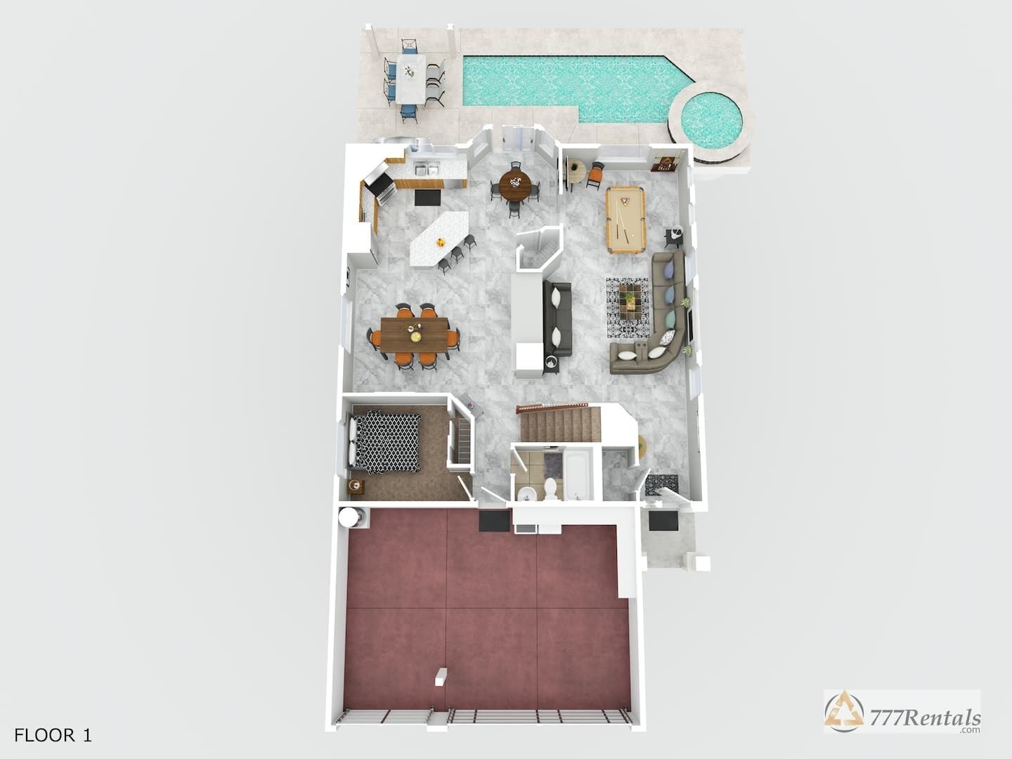A 1-bedroom apartment layout with a living room, dining area, kitchen, and a small balcony.