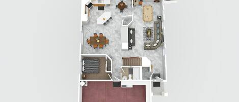 A 1-bedroom apartment layout with a living room, dining area, kitchen, and a small balcony.