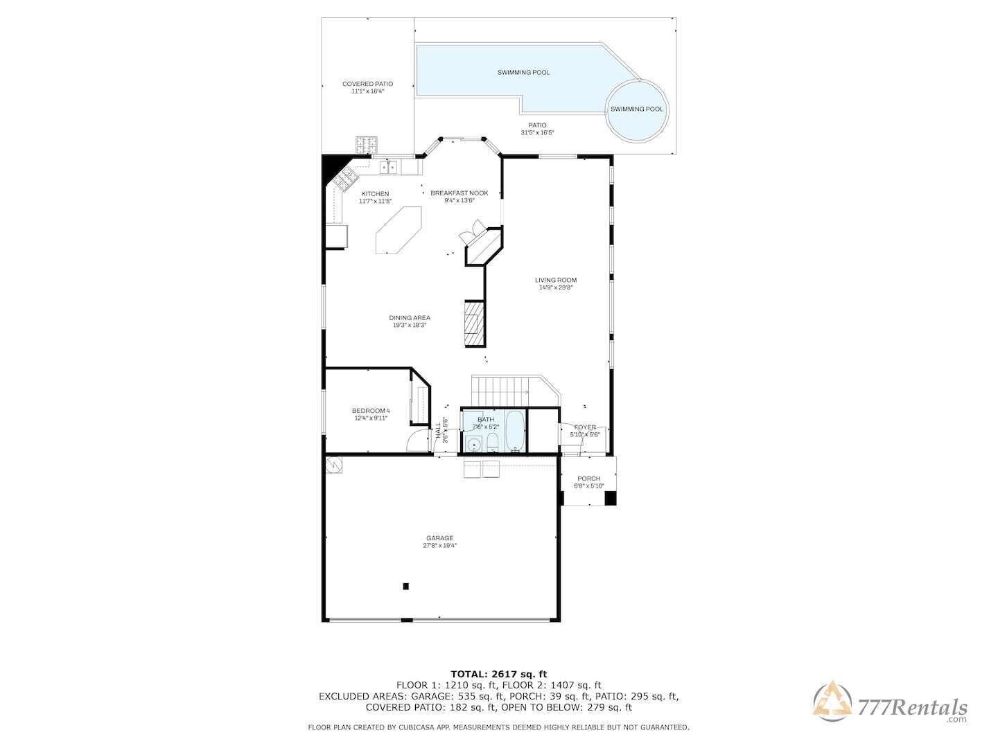 A floor plan of a residential property with a covered patio, kitchen, dining area, living room, bedroom, bathroom, and a garage.