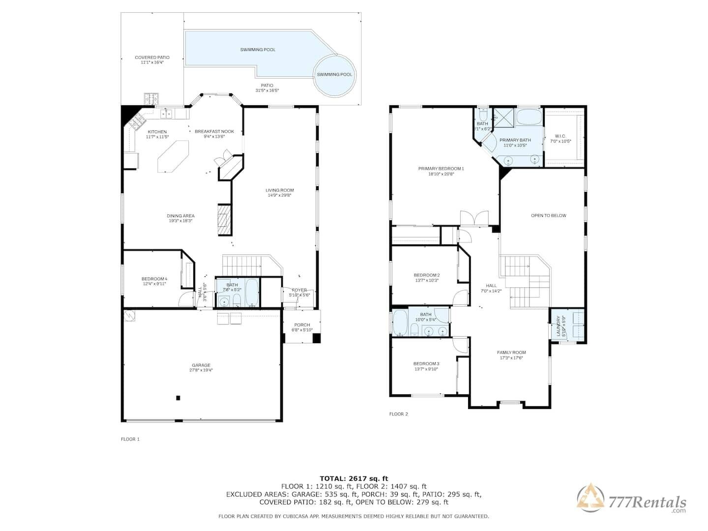 A floor plan of a two-story house with a covered patio, swimming pool, kitchen, dining area, living room, bedrooms, bathroom, garage, and a laundry area.