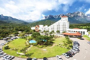 Un hotel con piscina, rodeado de exuberante vegetación y montañas.