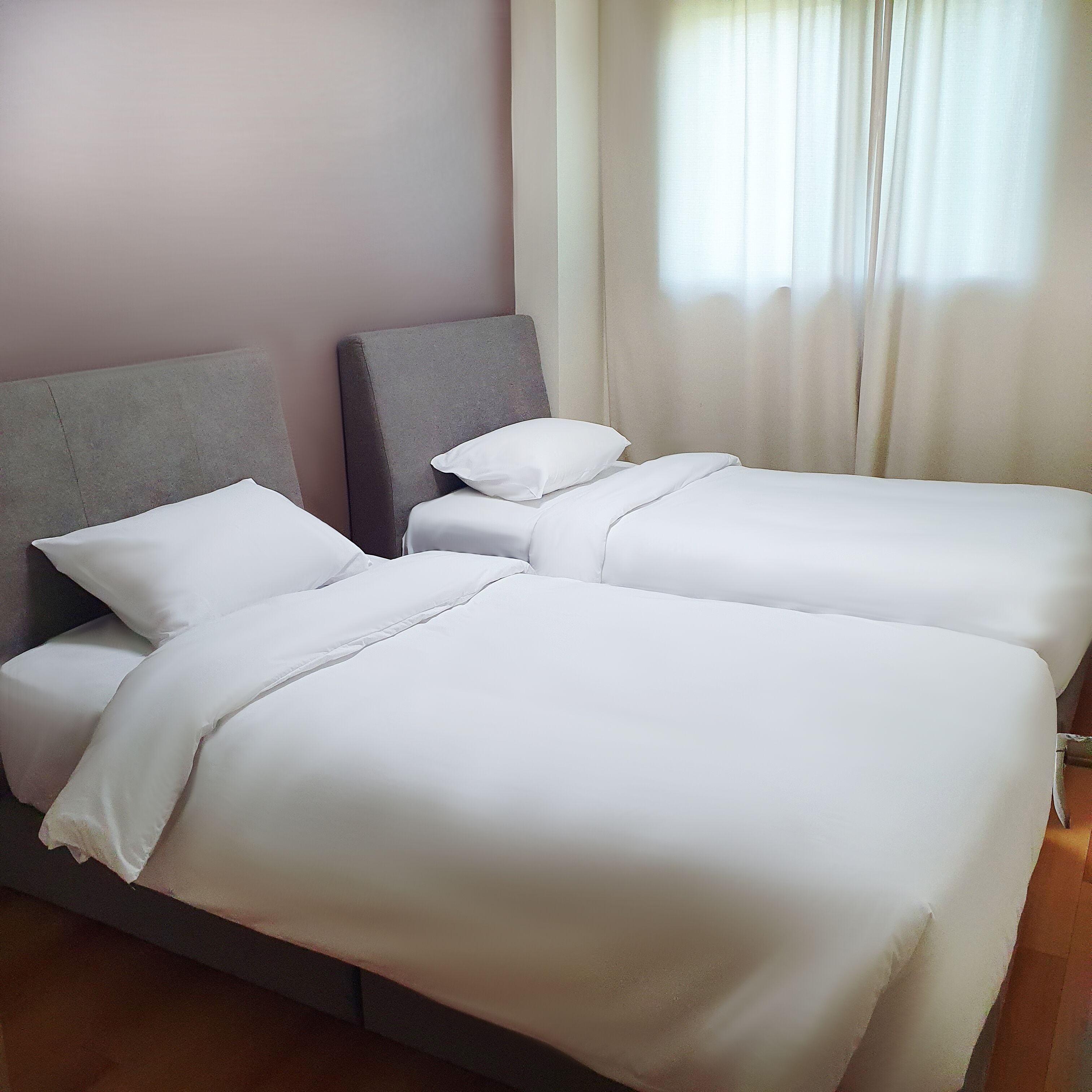A twin room with two single beds, a grey headboard, and a window with sheer curtains.