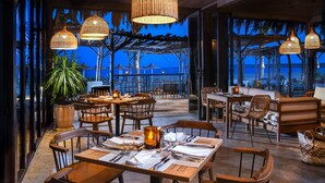 Un área de comedor al aire libre con mesas y sillas de madera, una planta grande en maceta y lámparas colgantes de mimbre.