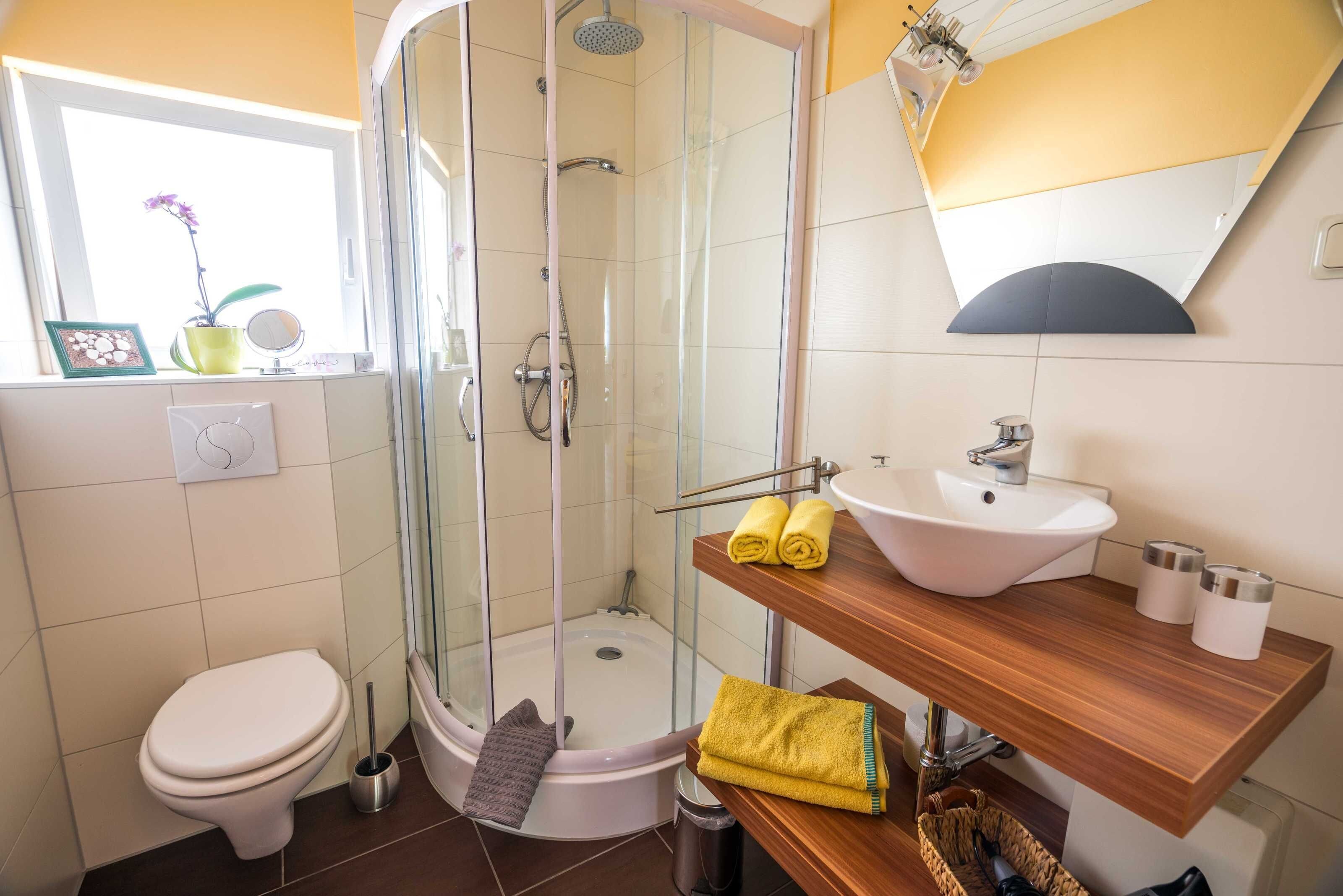 A modern bathroom with a glass-enclosed shower, a toilet, a sink with a wooden countertop, and a mirror above the sink.